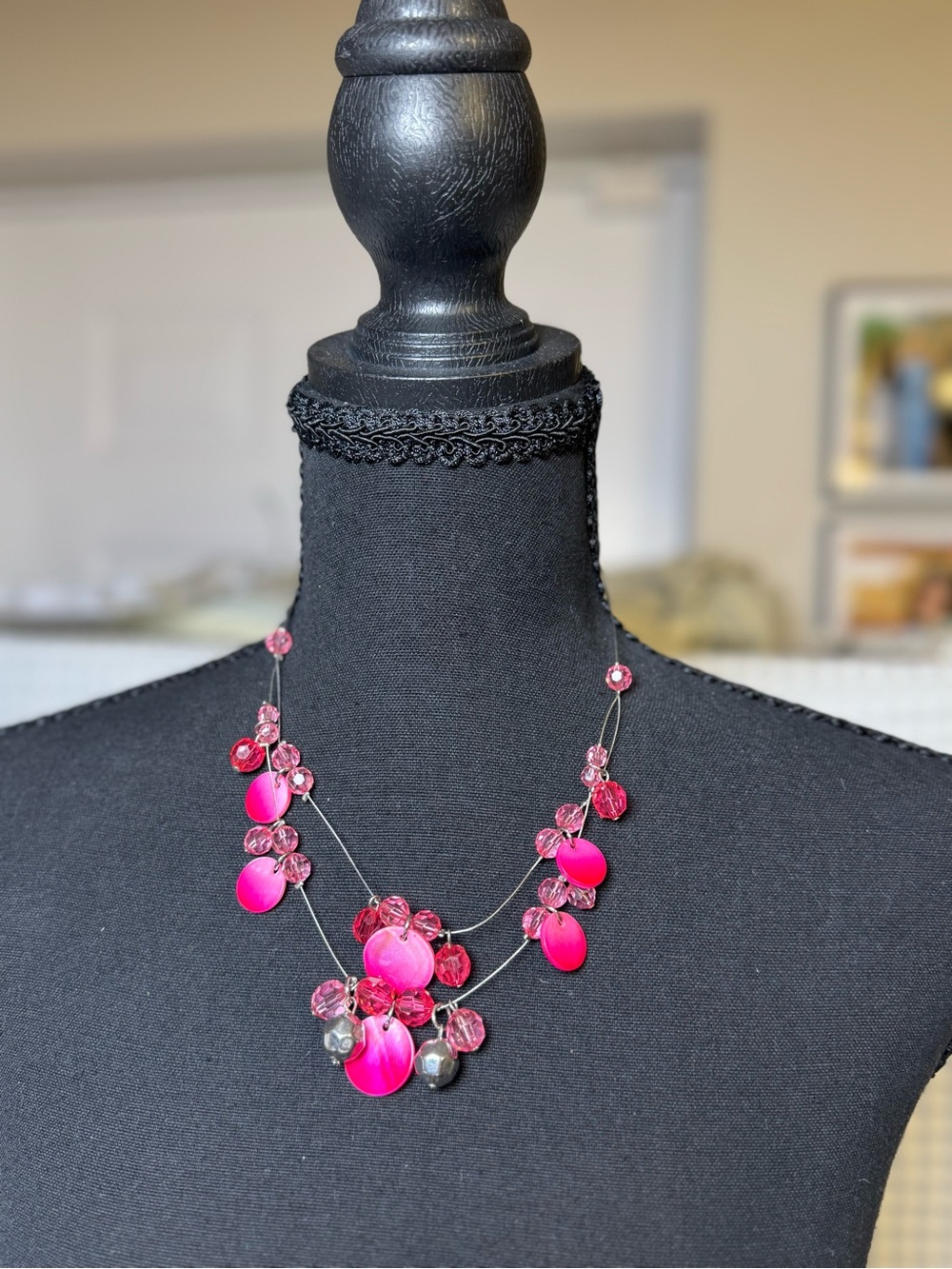 Vintage Y2K Hot Pink Capiz Shell Floating Illusion Necklace. 20” & 24”.